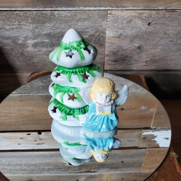 Ceramic Glazed Christmas Tree & Angel Tealight Holder  - Handpainted - Picture 2 of 5